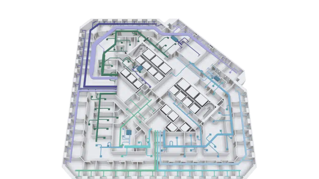 3D Floor Plan of a building displays color-coded piping or duct systems weaving through rooms and corridors, with blue, green, and purple lines highlighting different routes or services.