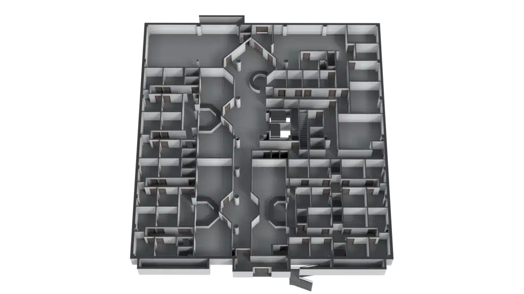 3D Floor Plan of a building with multiple small rooms, hallways, and corridors branching from a central main hallway; doors are visible on many rooms, suggesting an office or institutional layout.
