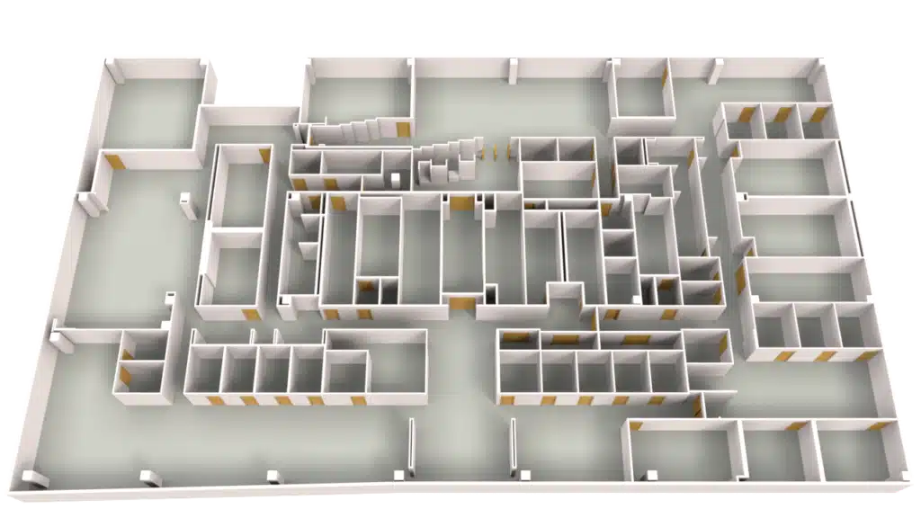 This 3D Floor Plan showcases a large building with multiple rooms, corridors, and doors, revealing a complex network of small offices or spaces thoughtfully arranged along central hallways.