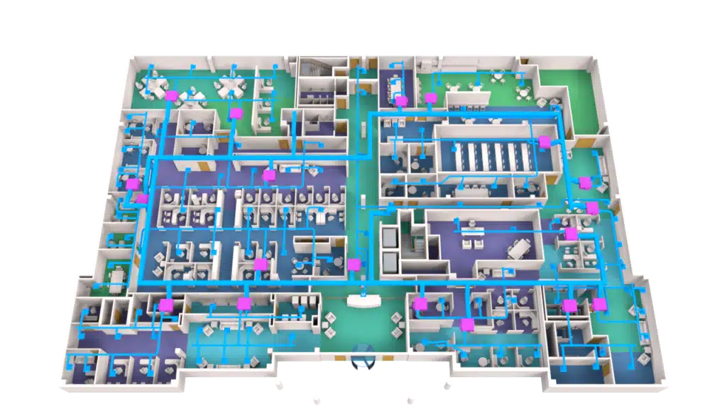 A 3D Floor Plan of an office floor renders various rooms, workstations, meeting areas, and common spaces, featuring clear pathways and icons to indicate equipment or utilities throughout the layout.