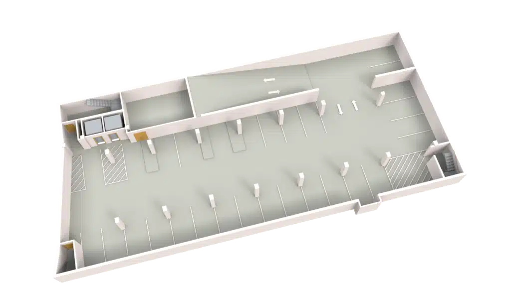 3D Floor Plan of an underground parking garage featuring parking spaces, columns, drive lanes, entry/exit points, elevator area, staircases, and clearly marked accessible parking spots.