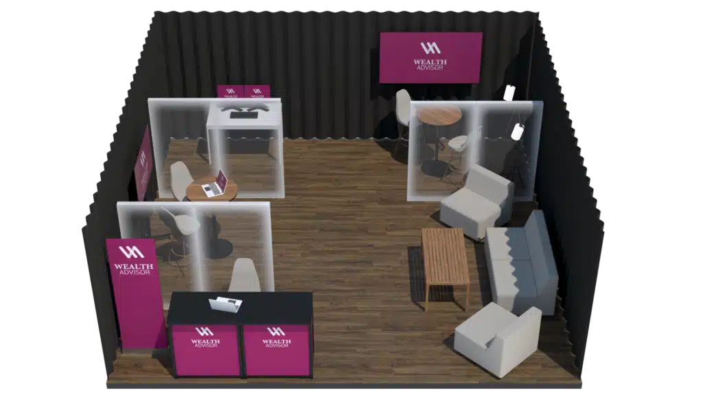 A modern exhibition booth with "Wealth Advisor" branding is showcased in a detailed 3D Floor Plan, featuring a reception desk, seating area with sofas and chairs, high tables with stools, and partitioned meeting spaces on wooden flooring.