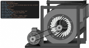A technical illustration of a right-facing blower fan with a belt drive system, overlaid with code snippets describing data attributes related to the fan’s properties and metadata.