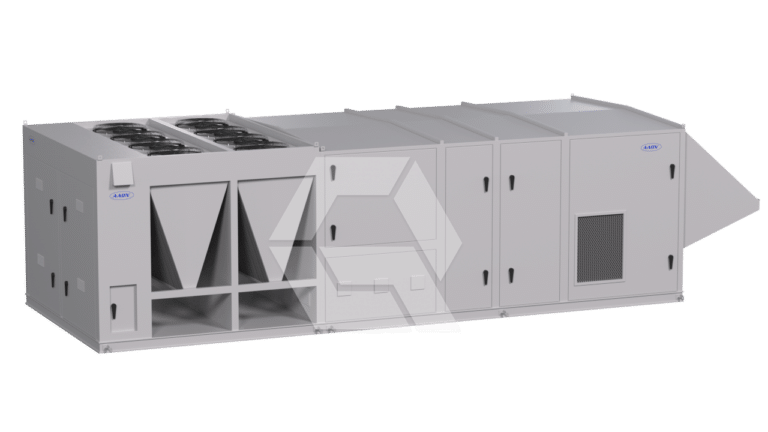 A large, gray industrial HVAC rooftop unit featuring multiple vent openings, cooling fans on top, and several access panels, designed for commercial heating and cooling applications.