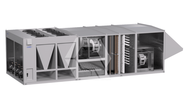 A large industrial HVAC rooftop unit with multiple compartments, including fans, coils, filters, and ducts, displayed on a plain white background.