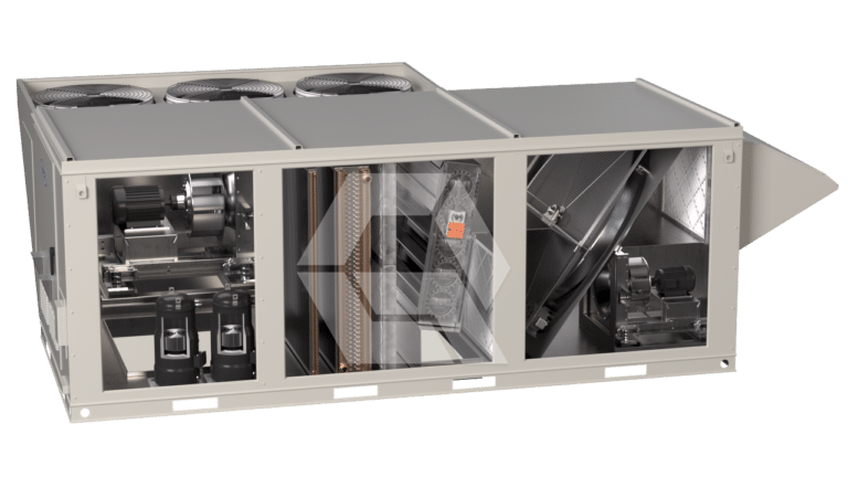 A large industrial HVAC rooftop unit with its panels removed, revealing internal components such as fans, compressors, coils, and motors arranged in separate compartments.