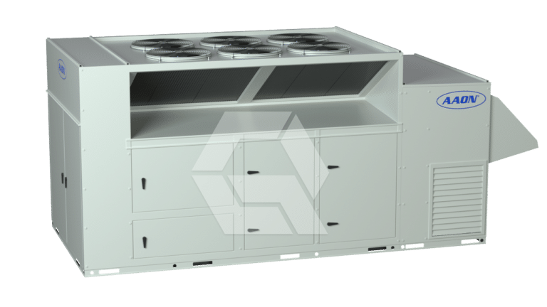 Large industrial HVAC unit with multiple fans on top, labeled "AAON" on the side, designed for heating, ventilation, and air conditioning in commercial buildings. The unit is white and rectangular with metal panels and grilles.