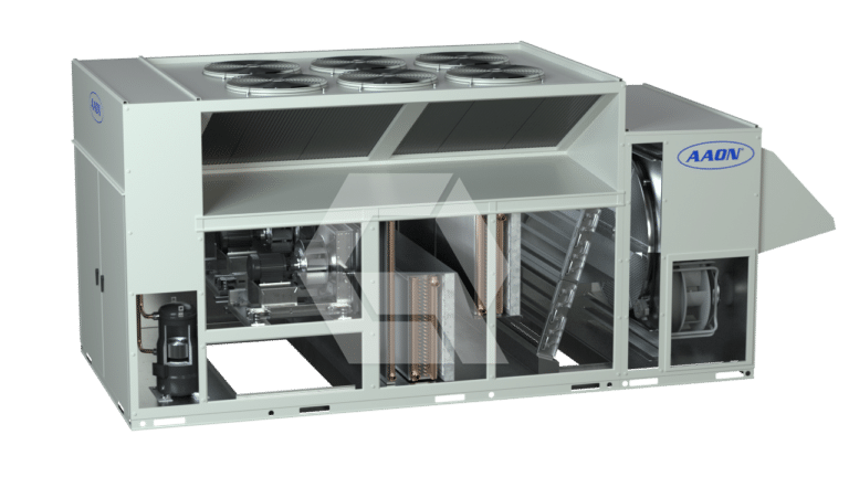 A large industrial HVAC unit with multiple fans on top, visible internal components, and a side panel labeled "AAON" on a white background.