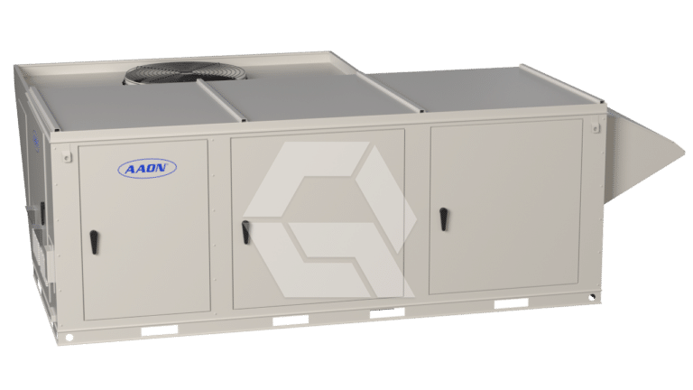 A large, rectangular, beige rooftop HVAC unit with the AAON logo and three access panels, shown against a plain white background.
