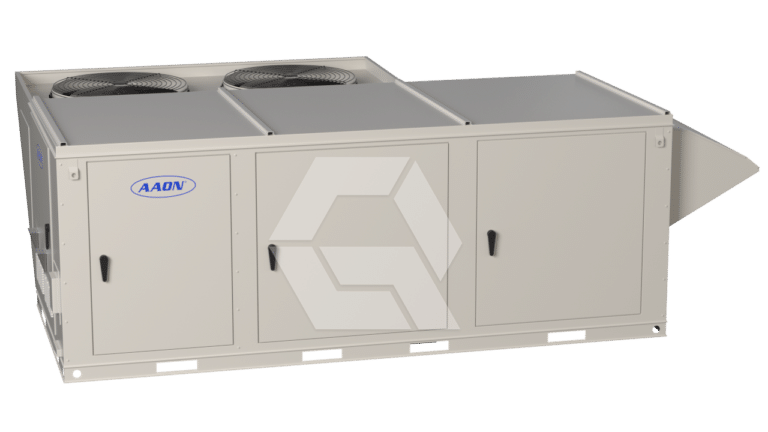 A beige industrial HVAC rooftop unit with two large fans on top, three front access panels, and the AAON logo displayed on the left panel.