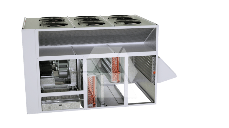 A cutaway view of a large industrial HVAC unit showing internal components like fans, coils, motors, and airflow pathways inside a rectangular metal enclosure.