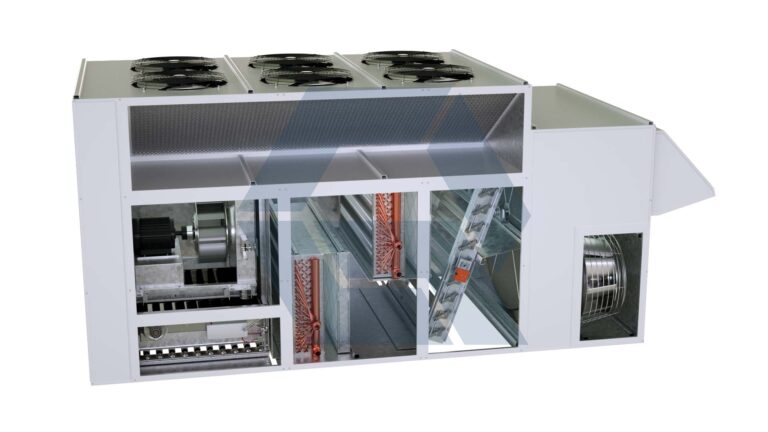 Cross-section view of a large industrial HVAC unit showing internal components such as fans, coils, filters, and ducts. Some exterior panels are removed to reveal the inner mechanical parts.