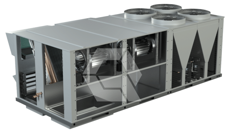 A large industrial HVAC unit with multiple fans on top, metal panels, and visible internal components including motors and coils, displayed on a plain background.