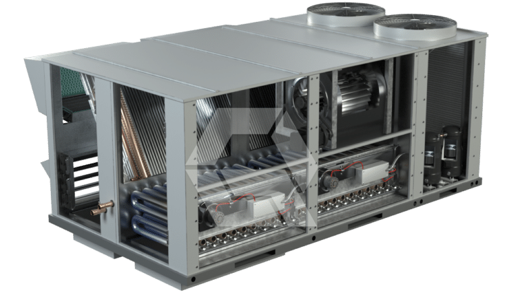 A large, industrial HVAC unit with parts of its metal outer casing removed, revealing internal components such as coils, fans, motors, wiring, and compressors. Two large circular fans are visible on the top.
