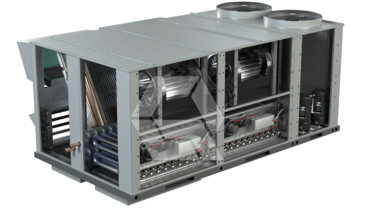 A large industrial HVAC unit with its panels removed, showing internal components like fans, coils, compressors, and wiring. Two large circular fans are visible on the top of the unit.