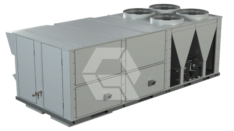 A large industrial HVAC rooftop unit with multiple fans on top, metal panels, and access doors, designed for commercial building climate control.