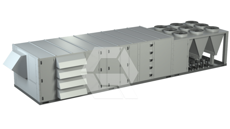 Large industrial HVAC unit with multiple fan vents on top, several intake and exhaust vents on the sides, and access panels, all in a metallic gray enclosure on a white background.