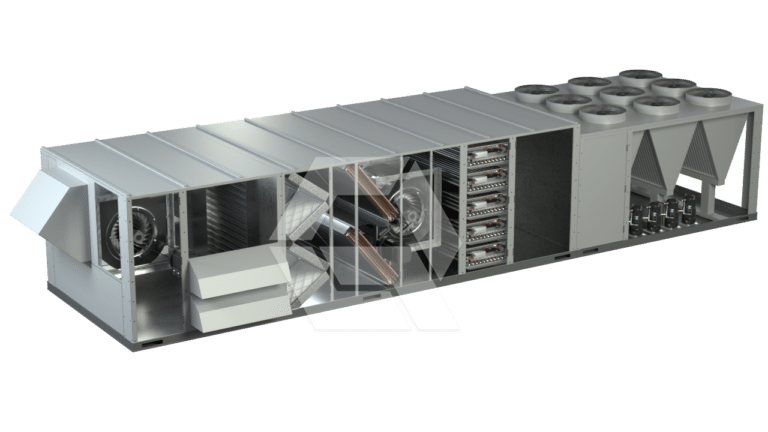 Cross-section of a large industrial HVAC unit showing internal components like fans, filters, coils, ducts, and cooling fans, all encased in a rectangular metal housing.