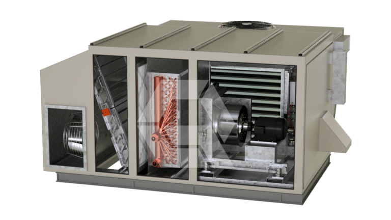 A cutaway view of an industrial HVAC unit showing internal components such as fans, copper coils, motors, and vents inside a rectangular metal casing.