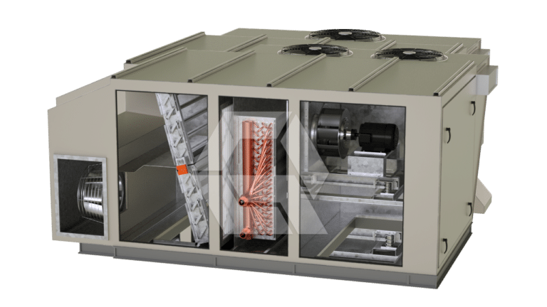 A large industrial HVAC air handling unit with part of its outer casing removed, showing internal components such as fans, filters, coils, and mechanical parts.