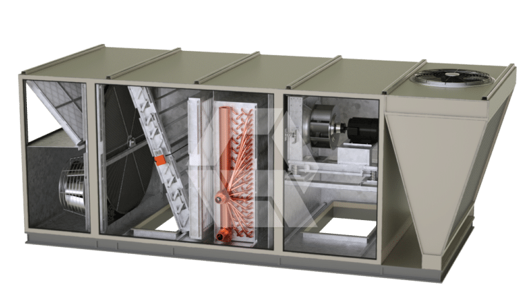 A cutaway view of a large industrial HVAC unit showing internal components, including fans, filters, coils, and a heat exchanger. The exterior casing is partially removed to reveal the mechanical parts inside.