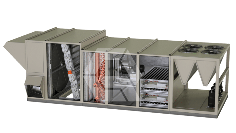 A cutaway view of a large industrial HVAC air handling unit, showing internal components such as intake, filters, fans, coils, and ductwork, with metal casing and visible fan blades on the right end.