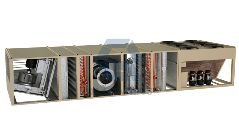 A large industrial HVAC unit with its panels removed, revealing internal components including fans, coils, compressors, and heat exchangers, all housed in a rectangular metal frame.