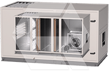 A rectangular HVAC unit with a cutaway view showing internal components, including filters, coils, and a fan, housed in a light-colored metal casing.