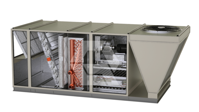 A cutaway view of a large HVAC rooftop unit shows internal components such as coils, fans, filters, and ducts for heating, ventilation, and air conditioning in commercial buildings.