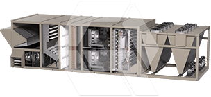 A large industrial HVAC unit with multiple compartments, fans, coils, and filters visible, designed for commercial building heating, ventilation, and air conditioning.