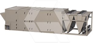 Large industrial HVAC unit with multiple compartments, vents, and fans, designed for commercial or industrial heating, ventilation, and air conditioning purposes. The unit is beige and rectangular in shape.