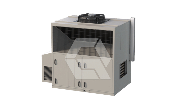 A large, rectangular industrial air conditioning unit with a fan on top, metal grilles, vents on the sides, and multiple access doors on the front, set against a plain white background.