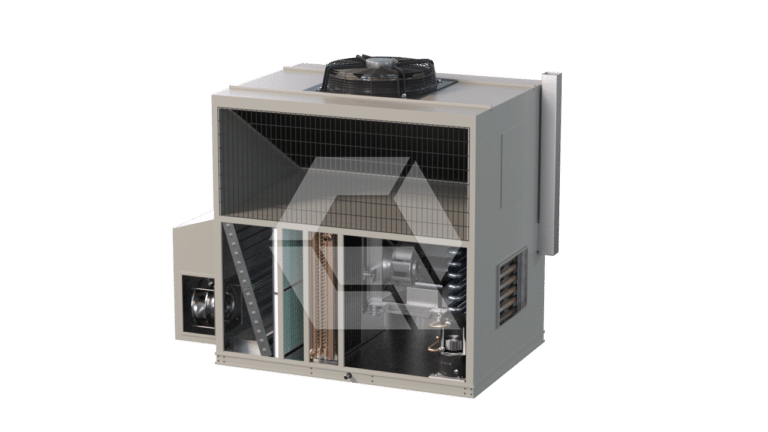 A large, rectangular industrial HVAC unit with part of its outer casing removed, revealing internal components like fans, coils, and ducts, set against a plain white background.