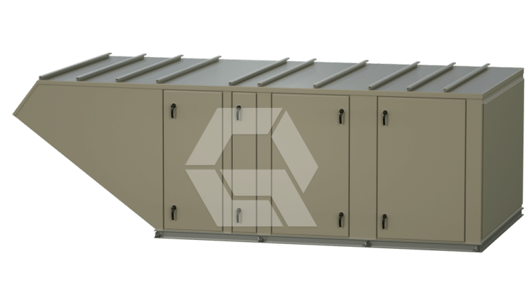 Large rectangular metal HVAC duct unit with multiple access doors and handles, designed for air ventilation systems. The unit has a sloped section on the left side and reinforcing bars on top.