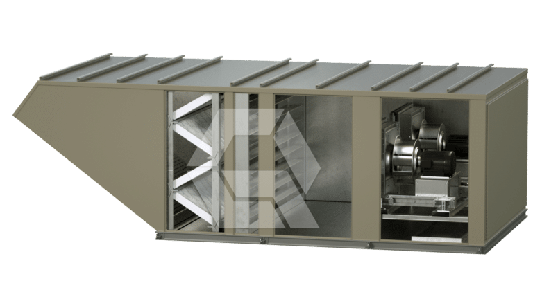 A large, rectangular metal HVAC unit with an open side showing internal components, including filters, angled panels, and a fan assembly, against a plain white background.