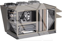 A cutaway view of a commercial HVAC rooftop unit showing internal components such as fans, coils, and filters. The unit is rectangular with three large fans on top.