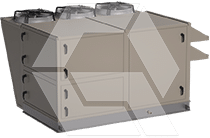 A large industrial rooftop HVAC unit with three exhaust fans on top and vented panels on the sides, designed for heating, ventilation, and air conditioning in commercial buildings.