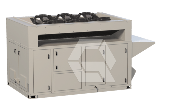 A large industrial HVAC unit with three fans on top, multiple access panels, and a side exhaust vent, all in a beige metal casing, isolated on a white background.