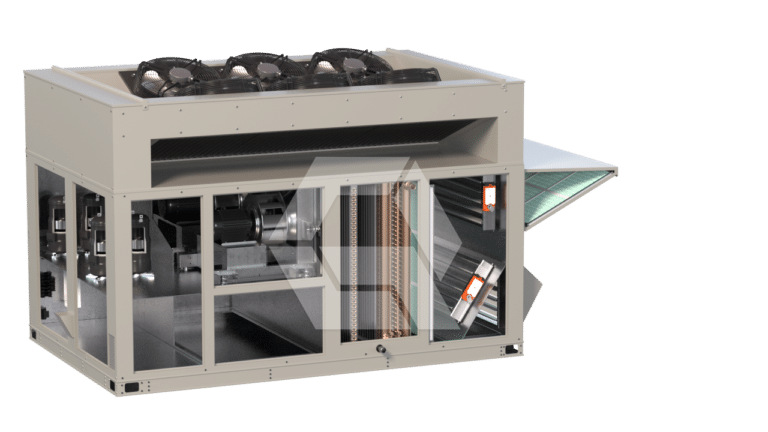 A large commercial HVAC rooftop unit is shown with its side panel removed, revealing internal components like fans, coils, filters, and electrical controls; fans are visible on the top, and an air intake panel is open.