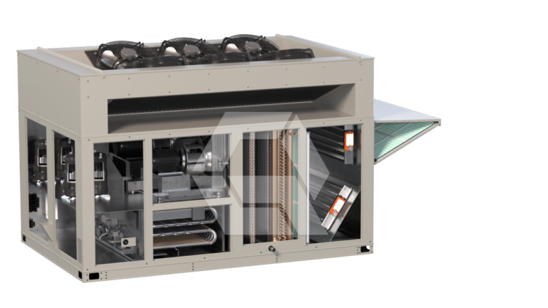 A large commercial HVAC unit with a partially open panel, revealing internal components such as coils, fans, and electrical parts. The exterior is a beige metal casing with visible vents and access panels.