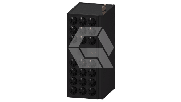 A tall, rectangular black server cooling unit with multiple circular fans on its front panel and copper piping visible on the top. The unit is displayed against a plain, light background.