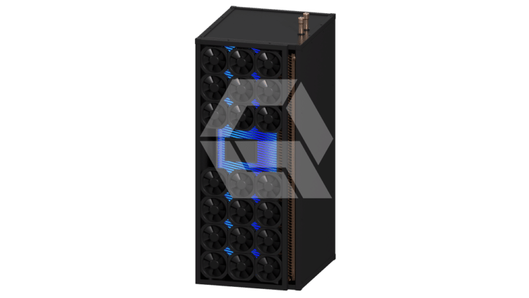 A black server rack with multiple cooling fans and blue LED lights arranged vertically on the front, with copper piping visible on the top right side.