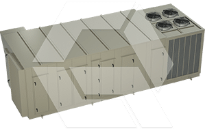 A large, industrial rooftop HVAC unit with four visible fans and multiple access panels, designed for climate control in commercial buildings. The unit is beige and viewed from an elevated angle.