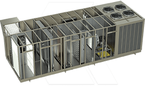 3D rendering of a modular industrial unit with a partial cutaway view showing interior rooms, equipment, and machinery. The unit has fans or cooling systems on the roof and a metal frame structure.