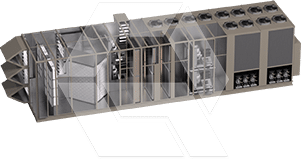 3D rendering of a large industrial HVAC air handling unit with multiple sections, including filters, fans, and ductwork, all housed in a rectangular metal casing.