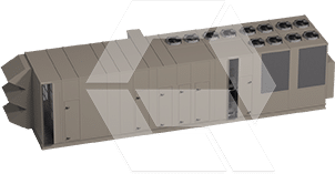 Large, rectangular industrial HVAC unit with multiple external vents and fans on top, shown against a plain background. The unit appears to be for commercial or industrial climate control.