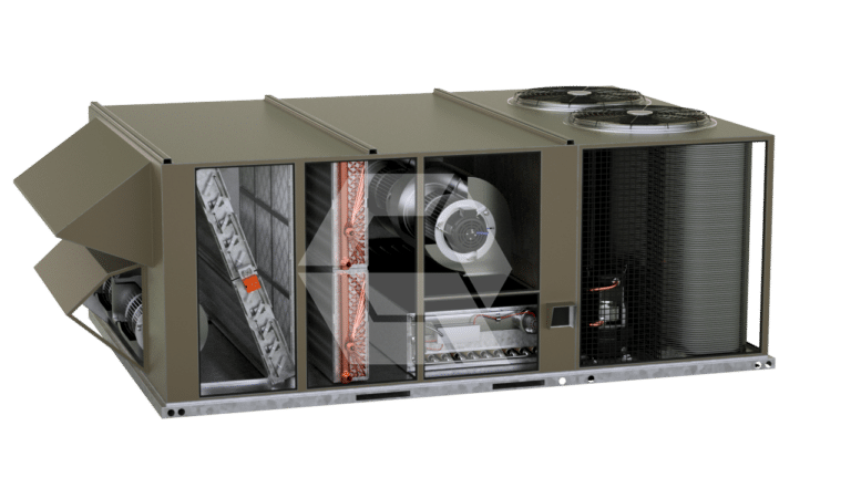 A large industrial HVAC unit with sectioned panels showing internal components, including fans, coils, filters, and electrical parts; two large circular fans are visible on the top right side.