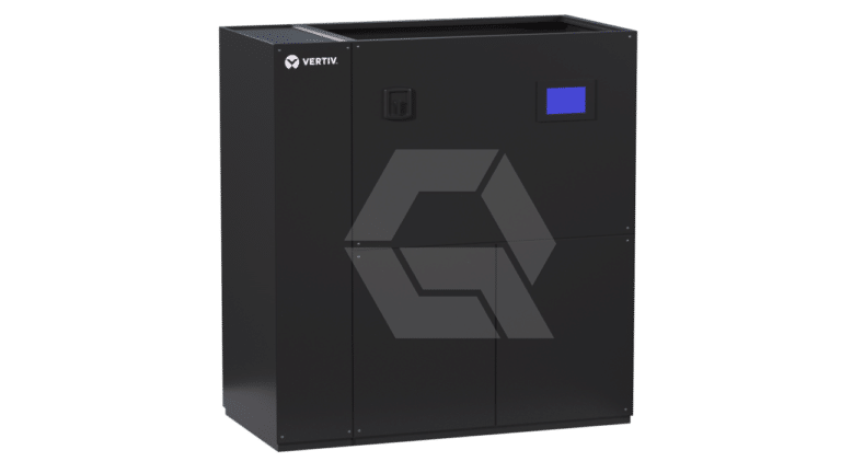 A black Vertiv-branded industrial cabinet with a small blue display screen and multiple panel doors, photographed against a plain white background.