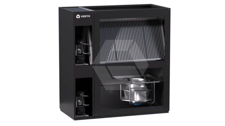 A black Vertiv-branded industrial cooling unit with visible internal components, including a large angled metal grille, a circular fan, and various mechanical parts, set against a plain white background.