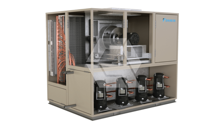 A large beige Daikin HVAC unit with its panels open, showing internal components like copper coils, a large fan, wiring, and four black compressors. The unit is set against a plain white background.